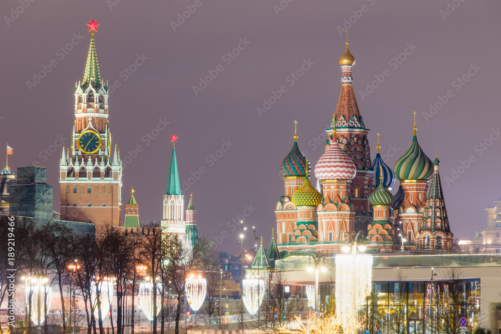 View of Red Square with St. Basil's Cathedral and Kremlin. Moscow. Russia.