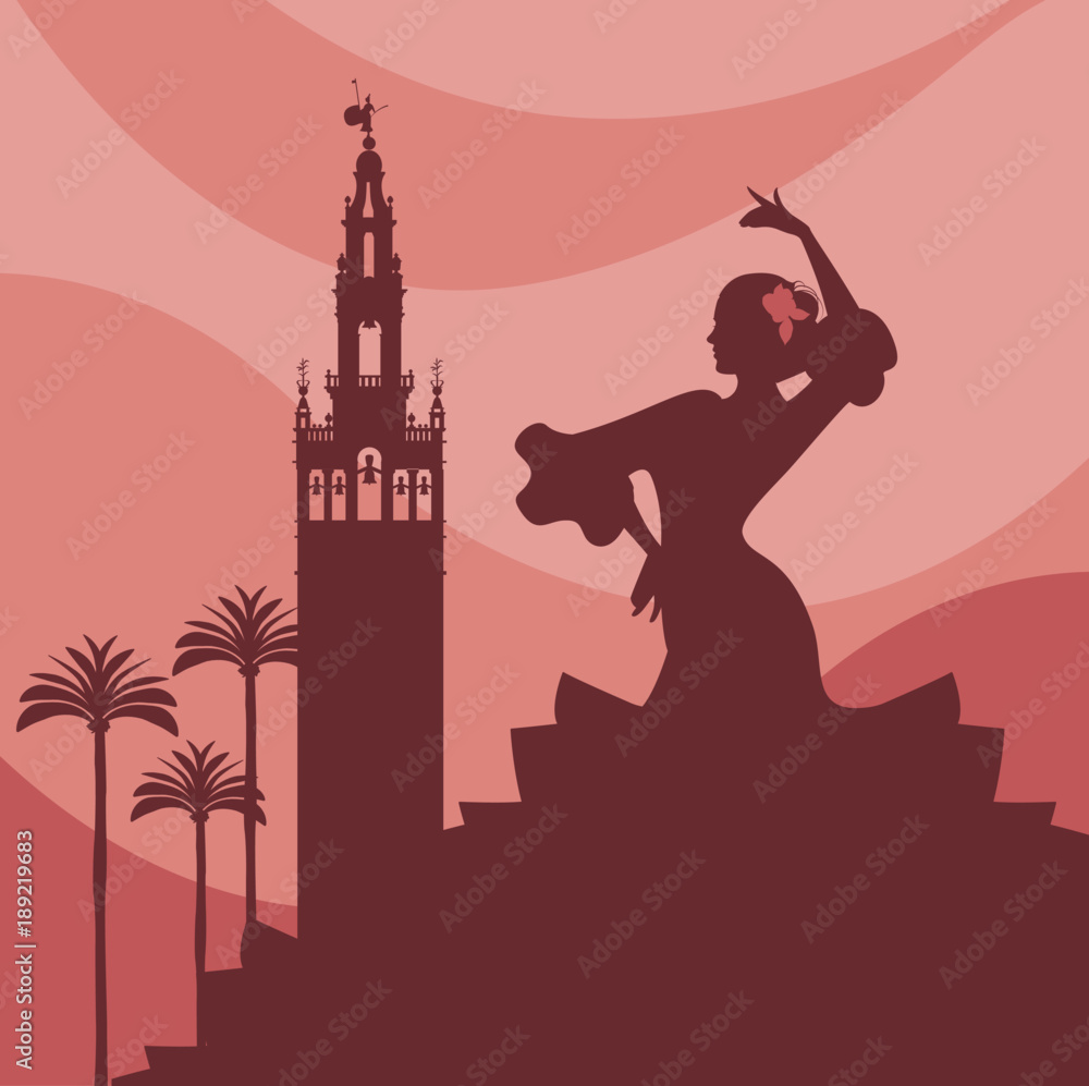 Silhouette of flamenco dancer, palms and monuments in Seville. (The Giralda) - obrazy, fototapety, plakaty 