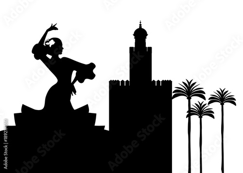 Silhouette of flamenco dancer, palms and monuments in Seville. (The Gold Tower)