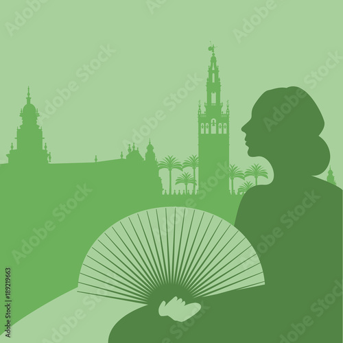 Silhouette of woman with hand fan, palm trees and monuments of Seville. (The Spain Square and The Giralda)
