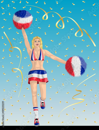 “French Cheerleader of France Fans” Cheerleader girl, confetti papers and background are in different layers.
