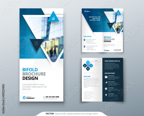 Bifold brochure design. Blue template for bi fold flyer. Layout with modern triangle photo and abstract background. Creative concept folded flyer or brochure.