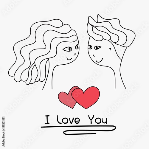 I Love You Typography. Cards Of Cute Couple. Doodle Boy And Girl Lovely Together Wedding Card. Handmade Vector Illustration.