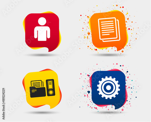 Accounting workflow icons. Human silhouette, cogwheel gear and documents folders signs symbols. Speech bubbles or chat symbols. Colored elements. Vector