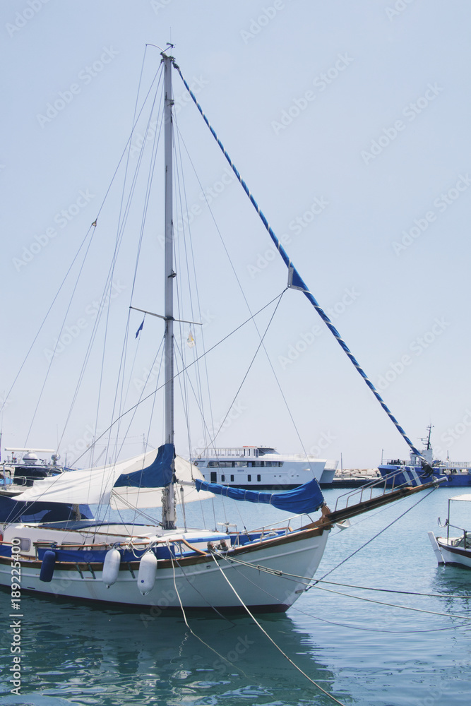 Sea yacht on water. Cyprus landscape