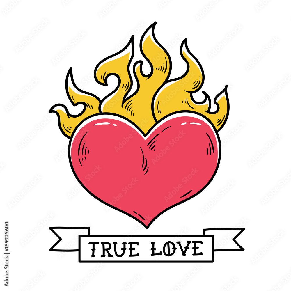 Flaming Heart Tattoo. True love. Red burning heart. Passionate heart. Old school styled tattoo of flaming heart. Flaming Heart Tattoo. True love. Red burning heart. Passionate heart. Old school styled tattoo of flaming heart.