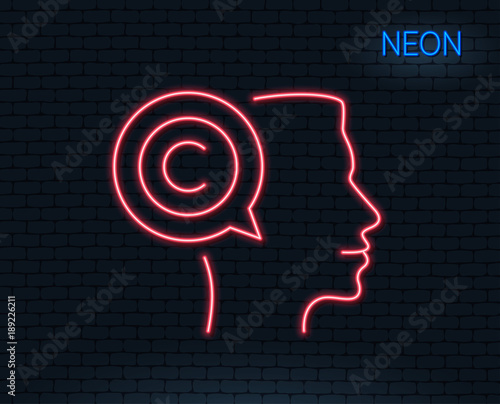 Neon light. Ð¡opyrighter line icon. Writer person sign. Copywriting symbol. Glowing graphic design. Brick wall. Vector