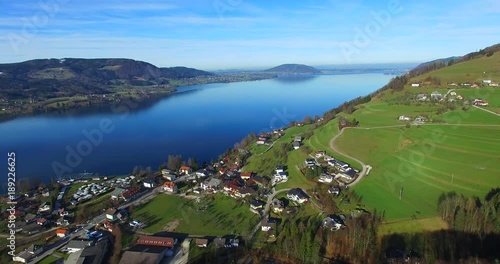 Aerial view, beautiful clear alpine lake Attersee with blue water, salzkammergut, Austria
