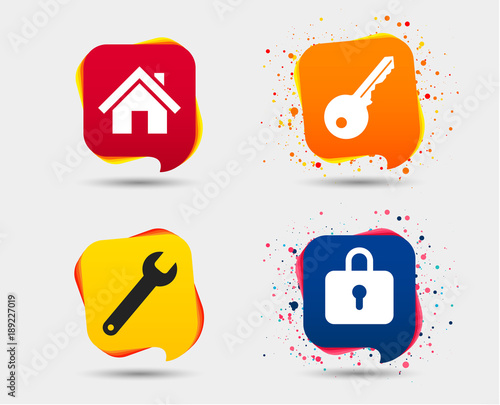 Home key icon. Wrench service tool symbol. Locker sign. Main page web navigation. Speech bubbles or chat symbols. Colored elements. Vector