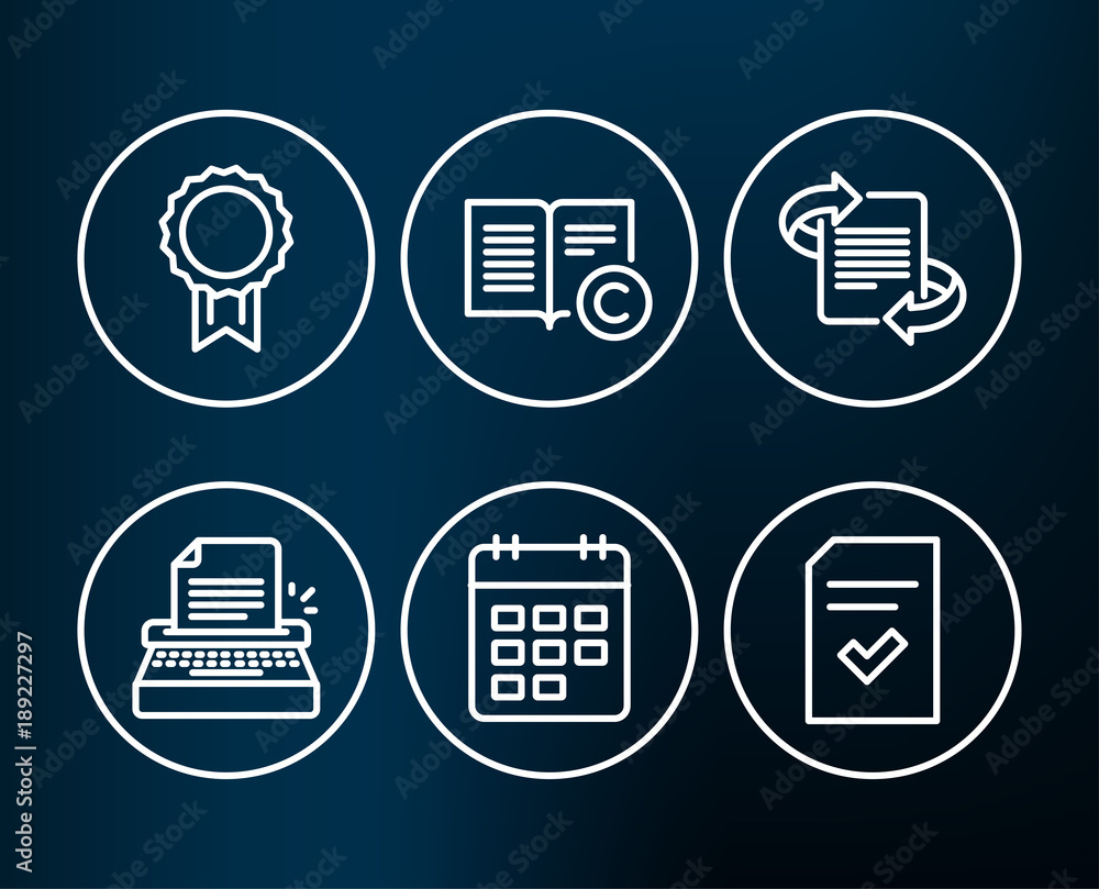 Set of Marketing, Ð¡opyright and Typewriter icons. Reward, Calendar and Checked file signs. Article, Copywriting book, Writer machine. Best medal, Event reminder, Correct document.  Editable stroke