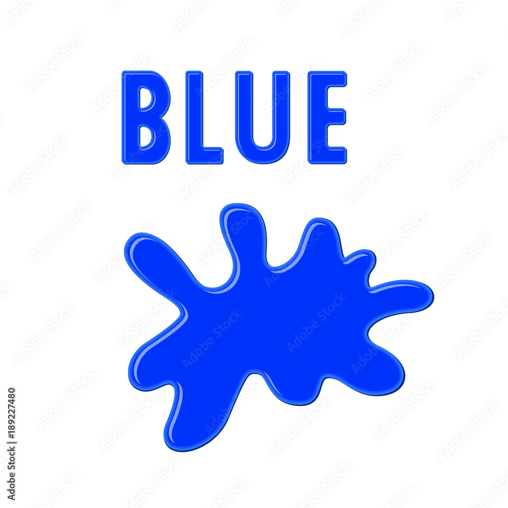 Sign "BLUE" and blue paint blot on white background. Color ink drop