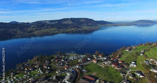 Aerial view, beautiful clear alpine lake Attersee with blue water, salzkammergut, Austria
