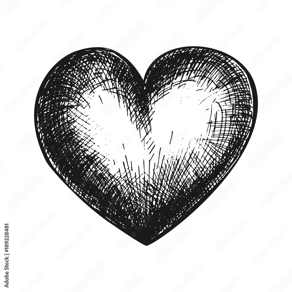 Hand drawn heart, black and white draft sketch isolated on white ...