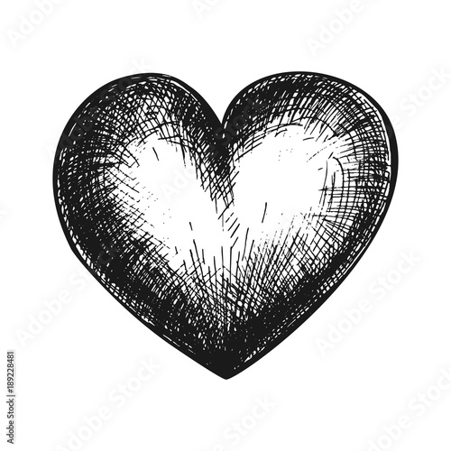 Hand drawn heart, black and white draft sketch isolated on white background. Vintage vector etching illustration.