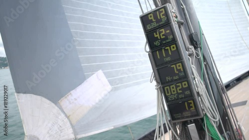 Navigation data on displays attached to the mast of a sailing boat.