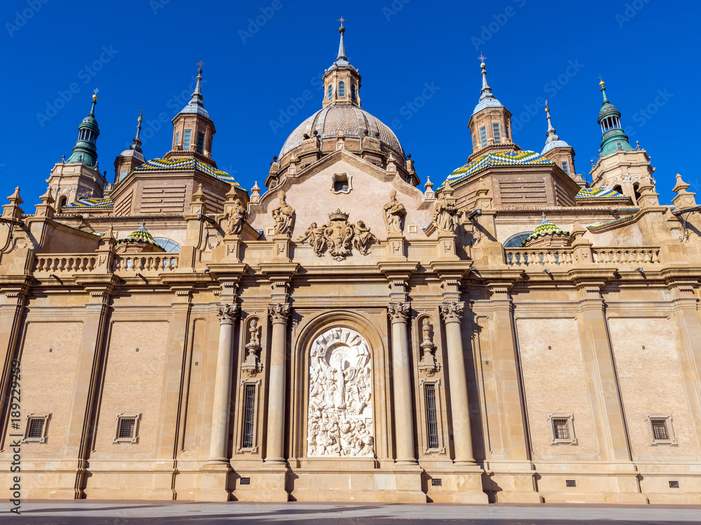 The Cathedral-Basilica of Our Lady of the Pillar - Roman Catholic Church, Zaragoza, Spain. Copy space for text.
