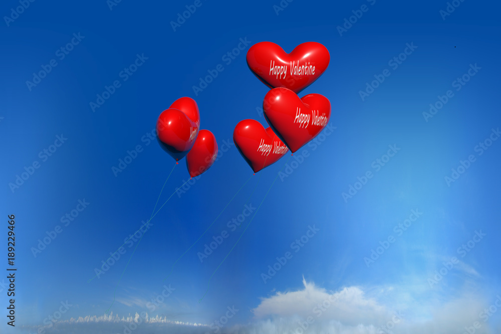 This is a composition between 3d balloons and  a foto of a blue sky with some clouds.