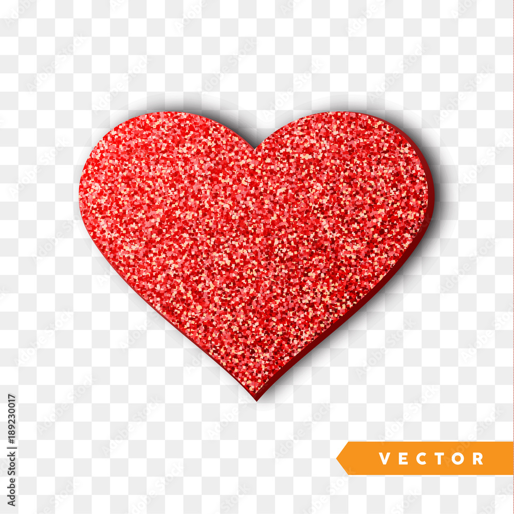 Valentines Day heart isolated, transparent vector effect background. Festive decorations bright glitter placer. Holiday love decor illustration. Beautiful design element