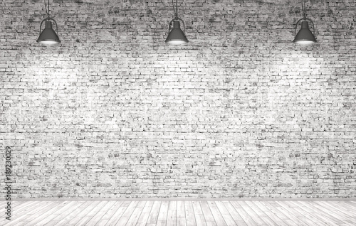 Brick wall, wooden floor and lamps background 3d render