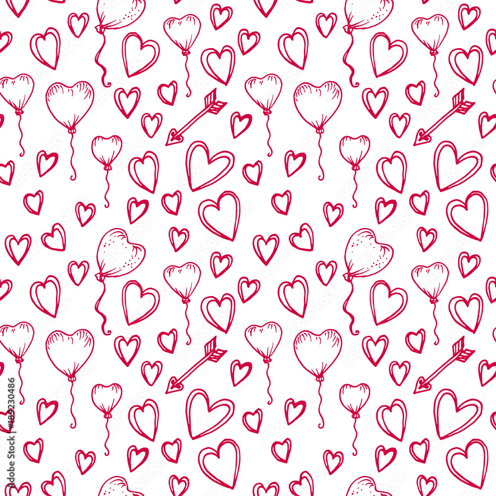 Vector seamless pattern in sketch style for Valentine's Day. Arrows, ballons and hearts in red. Valentine's day, wedding, love, romantic events. Doodle style seamless vector pattern.