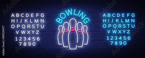 Bowling logo vector. Neon sign, symbol, bright banner advertising bright night bowling, luminous neon billboard. Design template for the Bowling Club logo. Vector illustration. Editing text neon sign