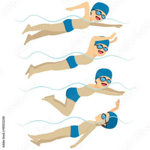Set with athlete man swimming in different stroke styles training