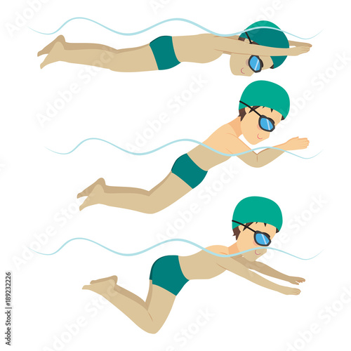 Set with athlete man swimming breaststroke stroke on various different poses training