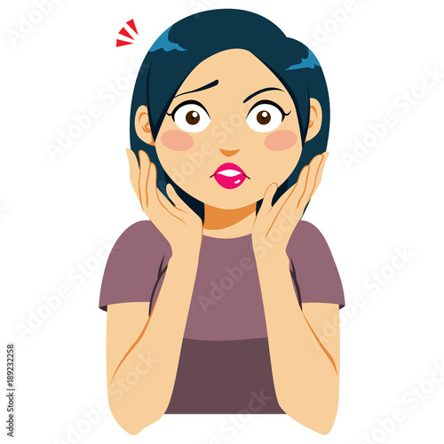 Young woman with shocked surprised face expression and hands around face