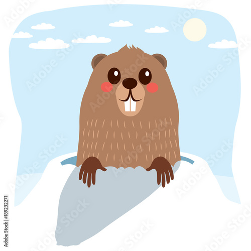 Happy cute groundhog celebrating groundhog Day with long shadow meaning six more weeks of winter