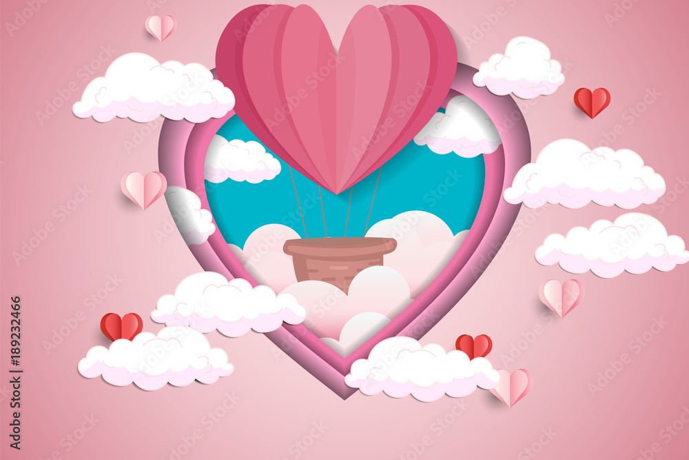 Illustration of love and Valentine's day, abstract background with air balloon flying in clouds, paper cut pink heart. Vector illustration of a Women's day