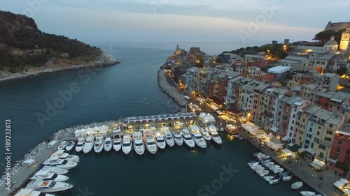 Aerial view of Portovenere, a small village on the Italian coast, at dusk.