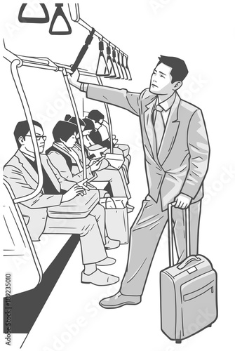 Black and white illustration of young business man on business trip