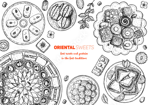 Oriental sweets vector illustration. Middle eastern food, hand drawn sketch. Linear graphic. Food menu background.