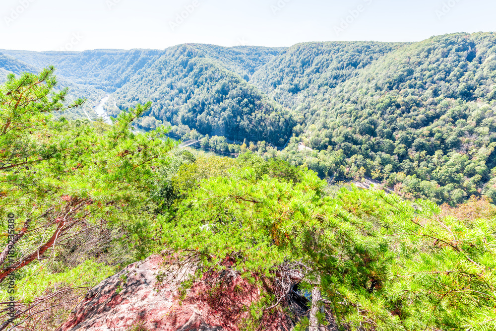 Overlook of West Virginia green mountains in spring, summer or autumn fall at New River Gorge Bridge Overlook of West Virginia green mountains in spring, summer or autumn fall at New River Gorge Bridge