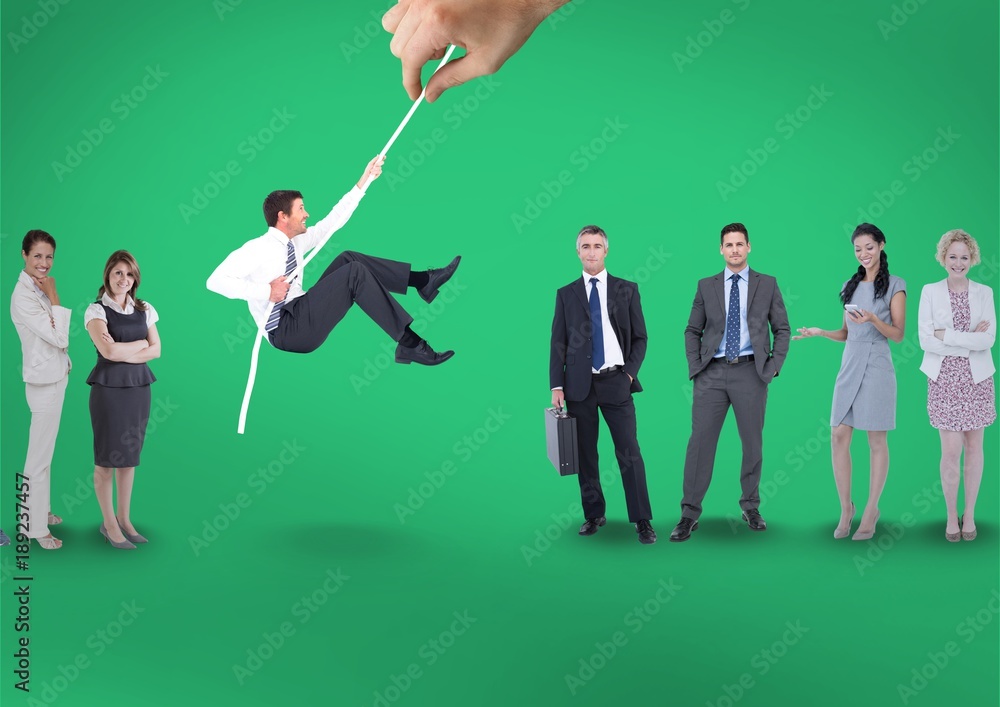 Hand choosing a man with a rope on a green background with Hand choosing a man with a rope on a green background with