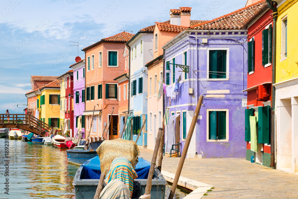 Colorful houses and canals on the island of Burano near Venice