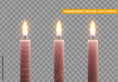 Candles burn with fire. Set of paraffin candles realistic isolated on transparent background. Element for design decor, vector illustration