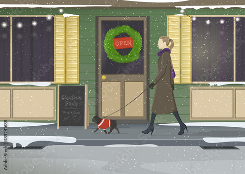 Girl walking with a dog (French Bulldog) outdoors on a winter snowy evening. Dog in a Christmas costume. Cafe exterior. Vector illustration.