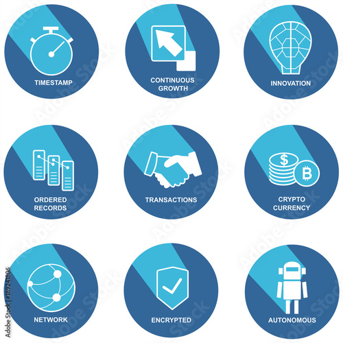 Flat icon with long shadow in circle. Set blockchain and cryptocurrency symbol.
