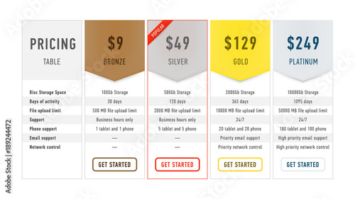 Collection of pricing plans for websites and applications. Flat hosting table banner. Vector illustration