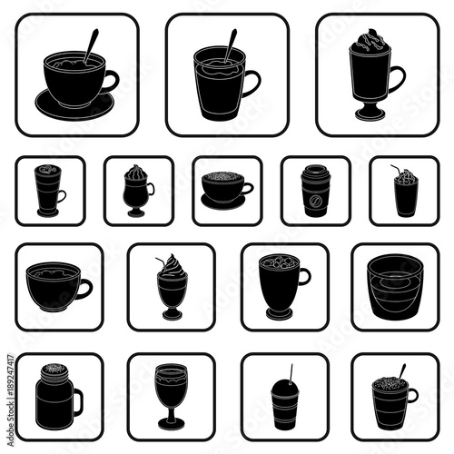 Different kinds of coffee black icons in set collection for design. Coffee drink vector symbol stock web illustration.