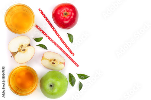 apple with juice and leaves isolated on white background with copy space for your text. top view. Flat lay pattern