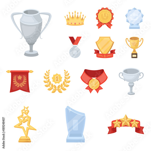 Awards and trophies cartoon icons in set collection for design.Reward and achievement vector symbol stock web illustration.
