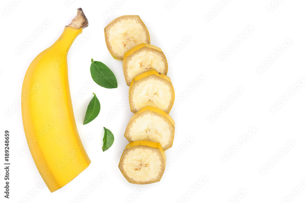 banana sliced with green leaves isolated on white background with copy space for your text. Top view. Flat lay