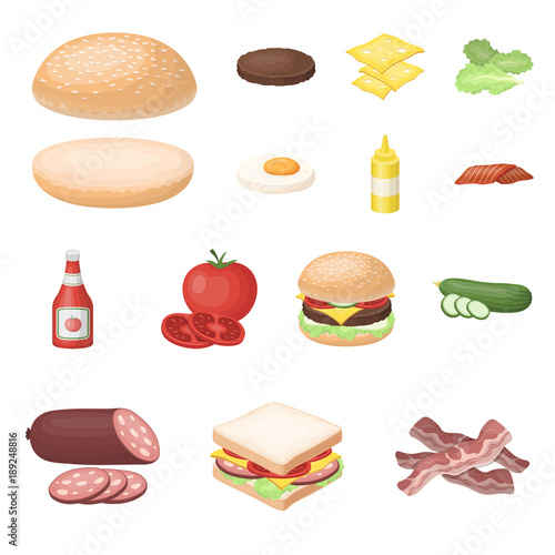 Burger and ingredients cartoon icons in set collection for design. Burger cooking vector symbol stock web illustration.