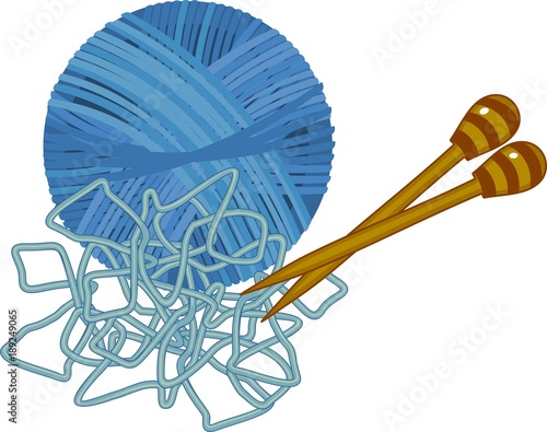 Blue yarn ball with knitting needles