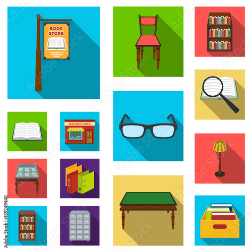 Library and bookstore flat icons in set collection for design. Books and furnishings vector symbol stock web illustration.