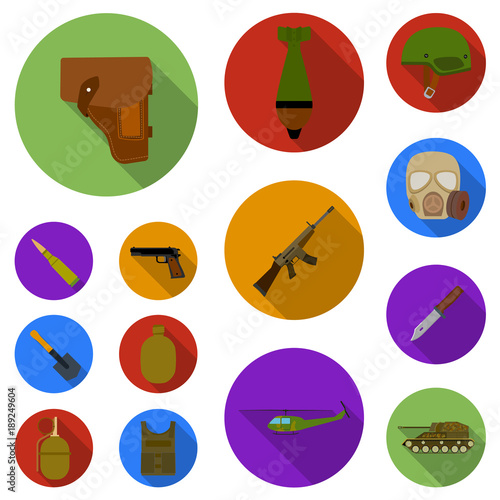 Army and armament flat icons in set collection for design. Weapons and equipment vector symbol stock web illustration.