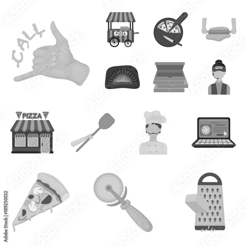 Pizza and pizzeria monochrome icons in set collection for design. Staff and equipment vector symbol stock web illustration.