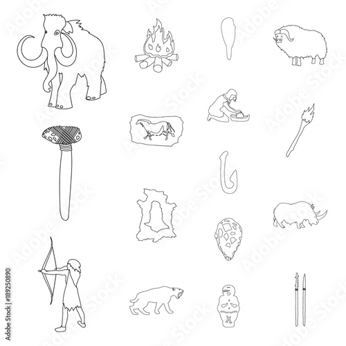 Life in the Stone Age outline icons in set collection for design. Ancient people vector symbol stock web illustration.